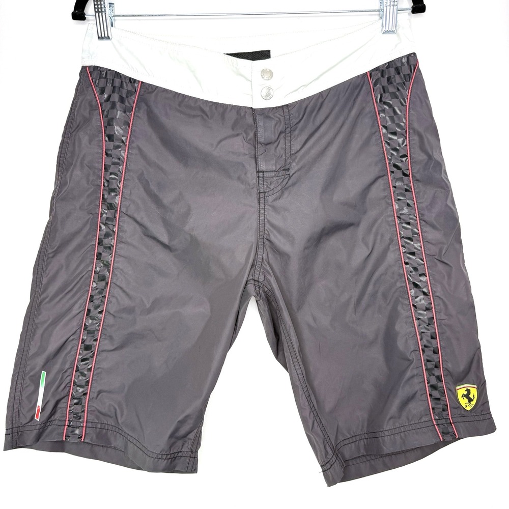 Ferrari Swim Trunks Size S Gray White Mesh Board Shorts‎ Logo Italy Racing Rare